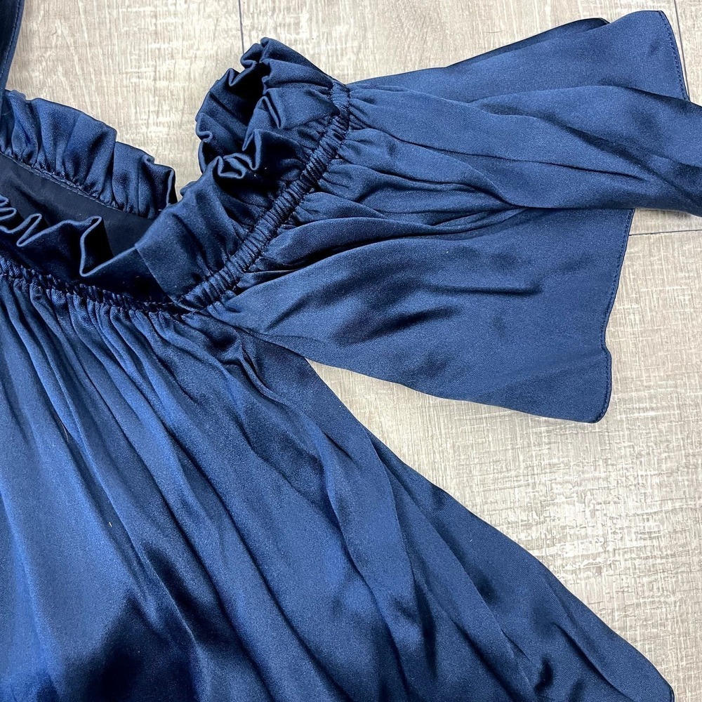 Jill Stuart Satin Top Womens XS Blue Cropped Off Shoulder Pleated Ruffle - Picture 13 of 16